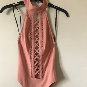 NWOT✴️Choker Neck Lattice Front Bodysuit. Apricot. Small.